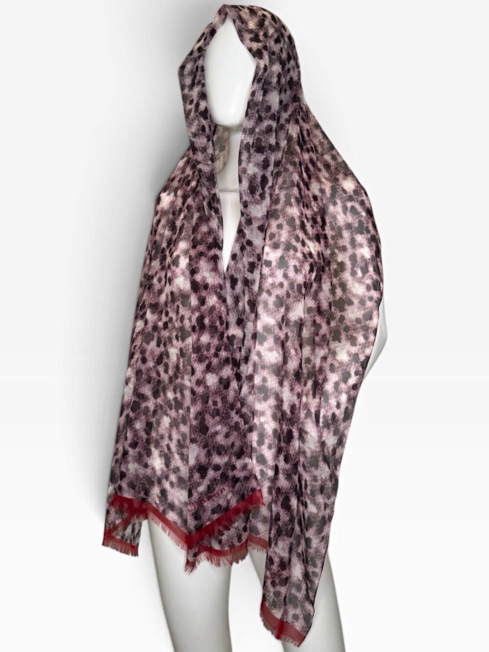 Burberry Animal Print Silk Chiffon Scarf purple Black Red Logo Fringe